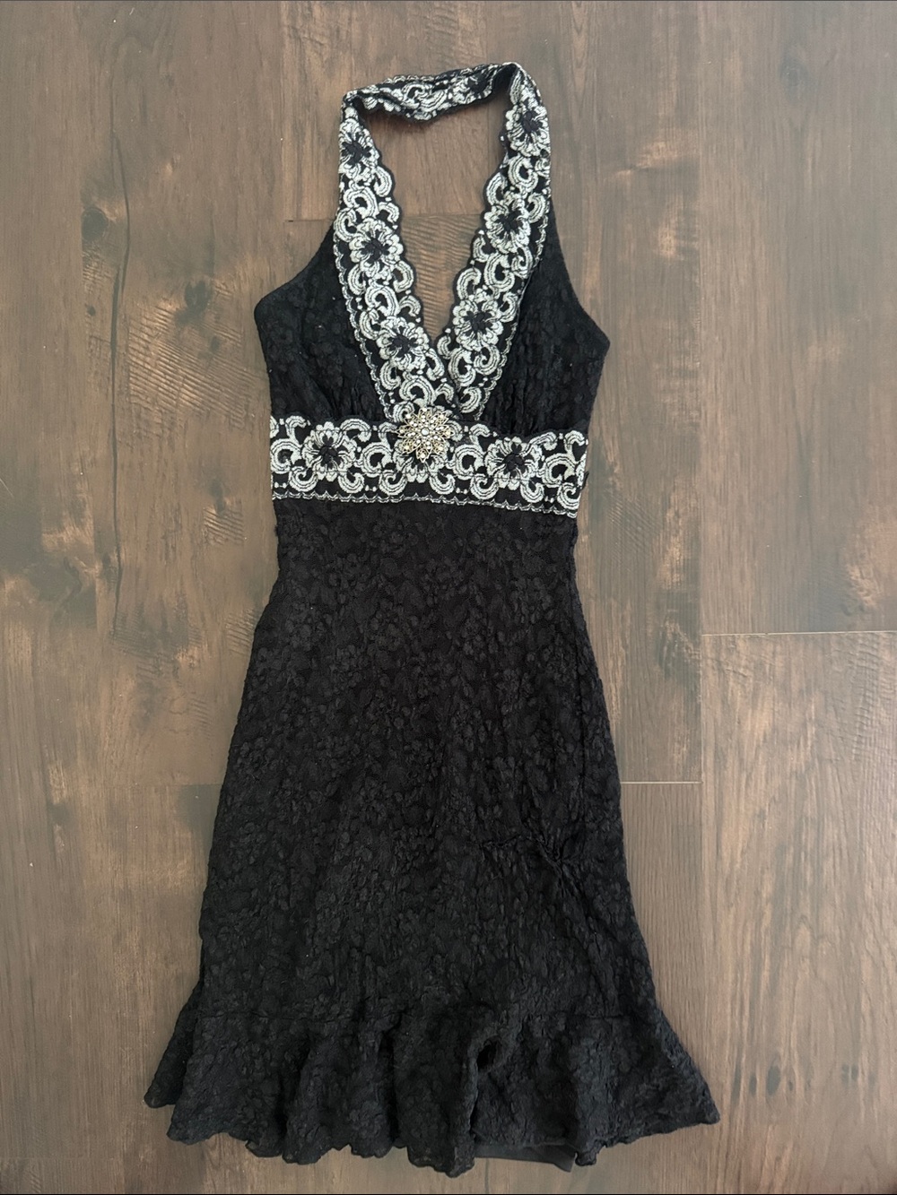 Vintage Halter Neck Mini Dress Black Lace Strapless Silver Embellishment